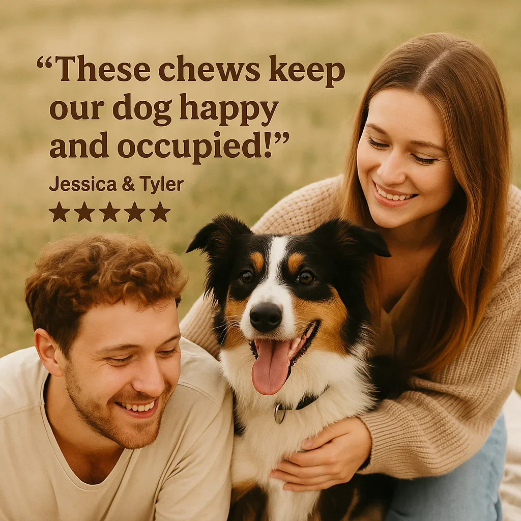 Smiling couple with happy dog outdoors, testimonial about dog chews keeping pet entertained