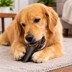 Golden retriever lying on a rug indoors with a hooves chew in its mouth.