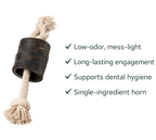 Water Buffalo Horn Dental Chew Rope on a white background, featuring text about its benefits.