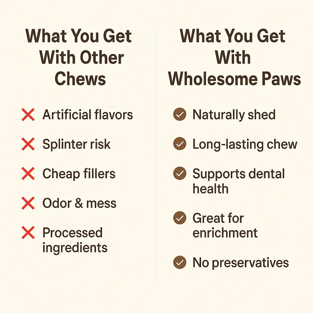 Comparison chart showing benefits of Wholesome Paws chews versus other chews, highlighting natural, long-lasting, and no preservatives.