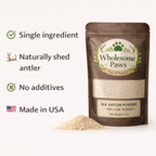 Wholesome Paws Elk Antler Powder packaging with product details on a white background