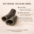 Two natural dog chews with text highlighting their features on a beige background.