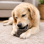 Dog chewing tuffie dog chew on a carpeted floor