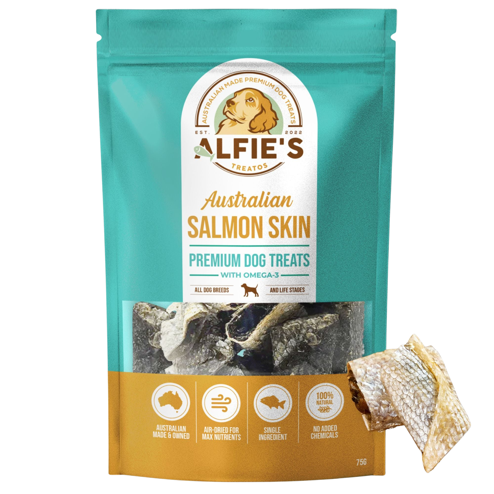 Package of Alfie's Australian Salmon Skin dog treats.
